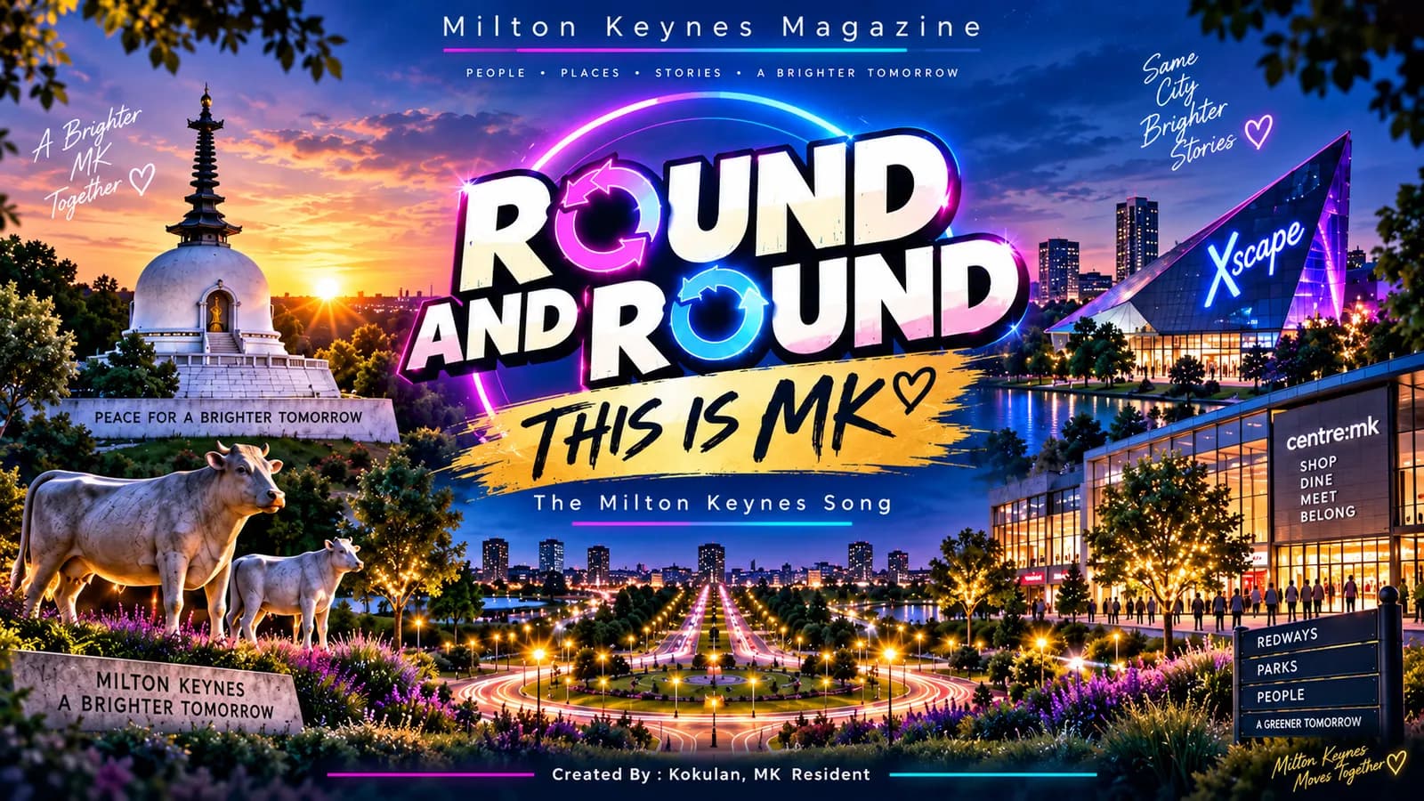 A vibrant collage showcasing landmarks of Milton Keynes, including the Peace Pagoda, Concrete Cows, Xscape building, and Centre:MK, with a central 'ROUND AND ROUND THIS IS MK' title.